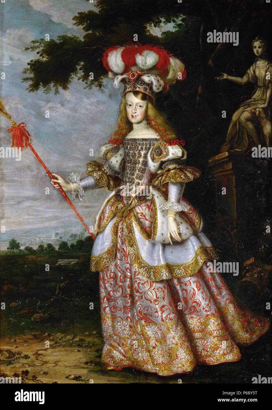 Portrait of Margaret Theresa of Spain. Holy Roman Empress, German Queen, Archduchess Consort of Austria, Queen Consort of Hungary and Bohemia. Painted by Jan Thomas (1617-1673) Flemish painter. Dated 17th Century Stock Photo