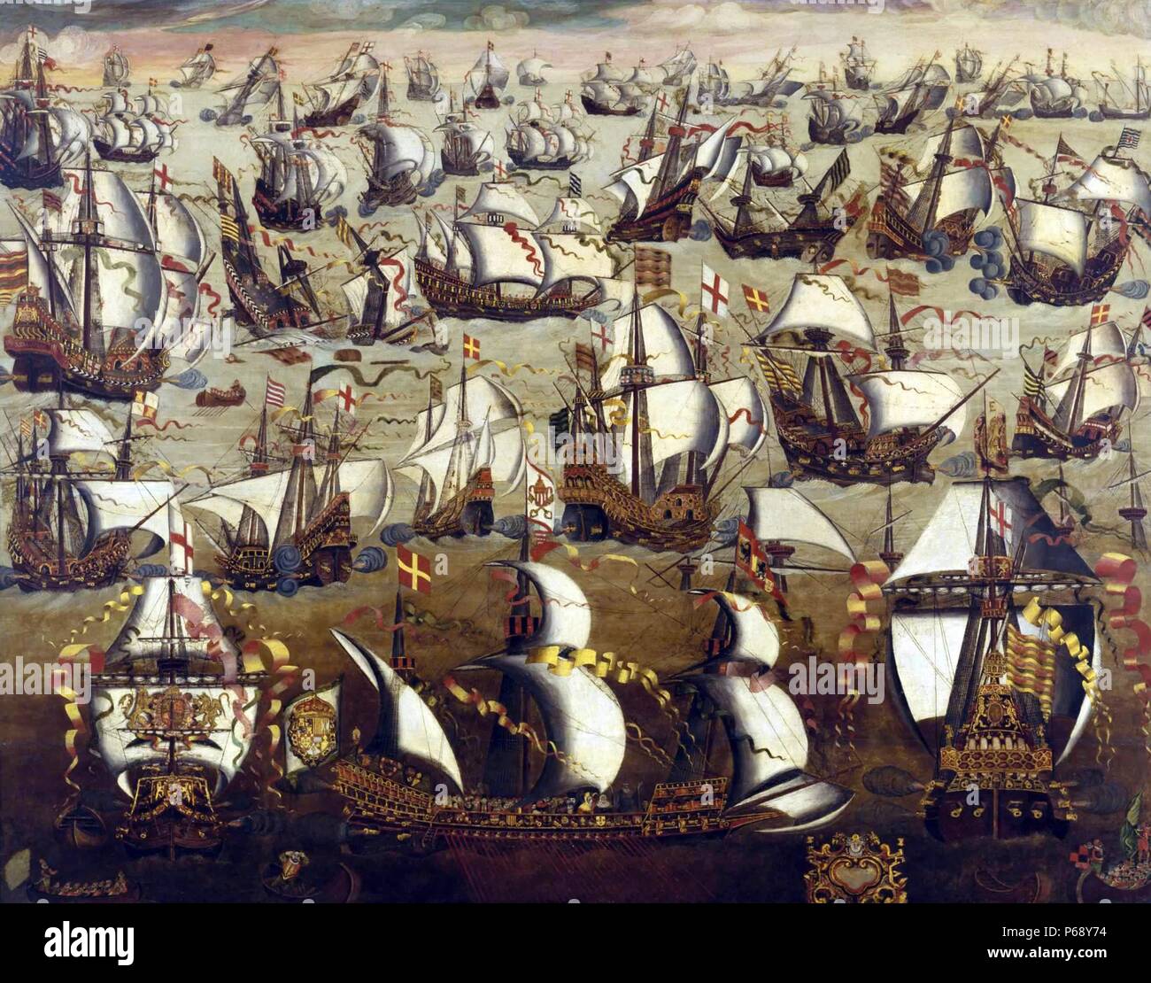 Painting depicting the Spanish Armada, a Spanish fleet or 130 ships that sailed from A Coruña in August 1588, under the command of the Duke of Medina Sidonia with the purpose of escorting an army from Flanders to invade England. Dated 16th Century Stock Photo