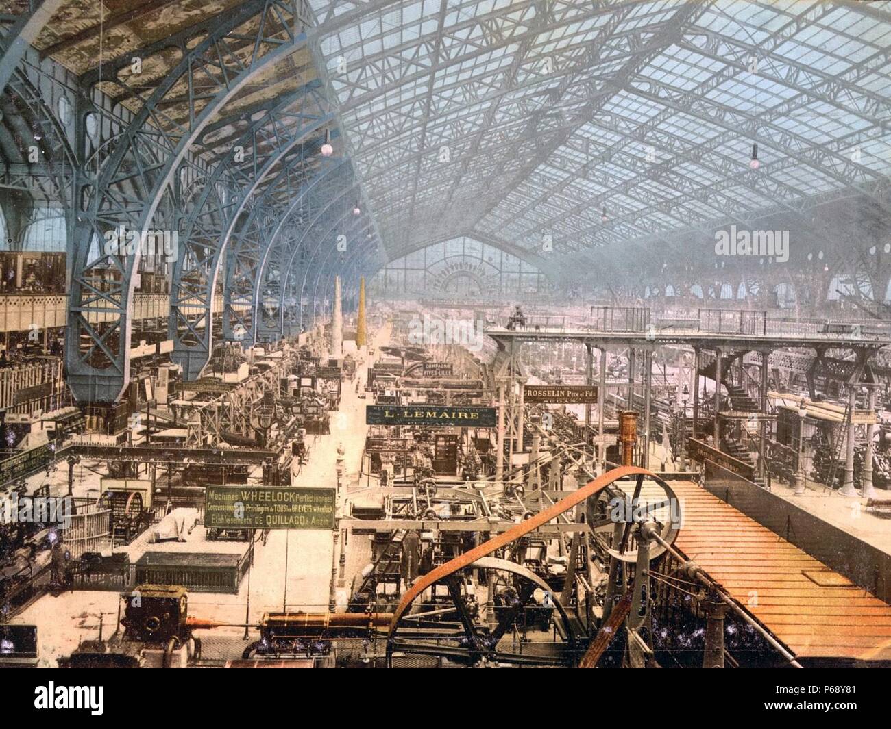 Colour photograph of the interior of the Gallery of Machines, Exposition Universelle Internationale, Paris. Dated 1889 Stock Photo