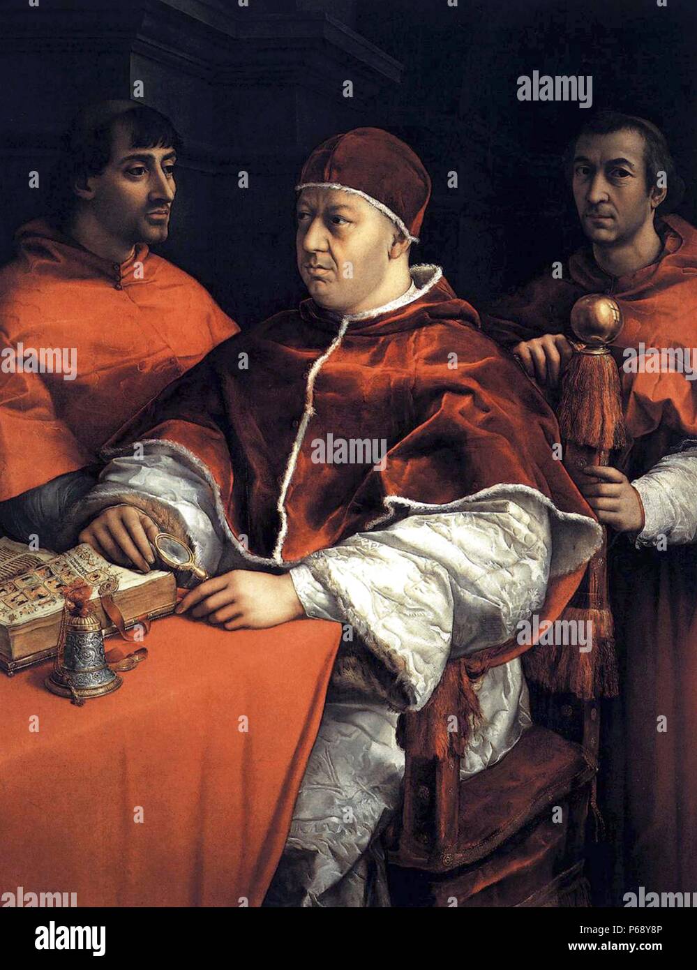 Portrait of Pope Leo X with the Cardinals Giulio de' Medici and Luigi de' Rossi. Painted by Raphael (1483-1520). Dated 16th Century Stock Photo