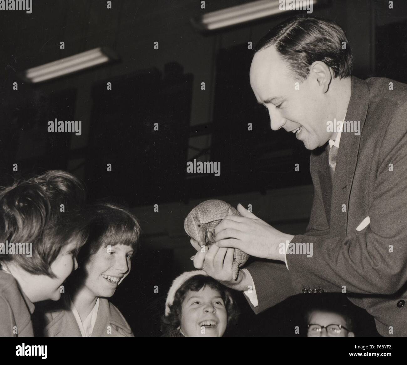Desmond Morris with an armadillo at London Zoo, 1960. Stock Photo