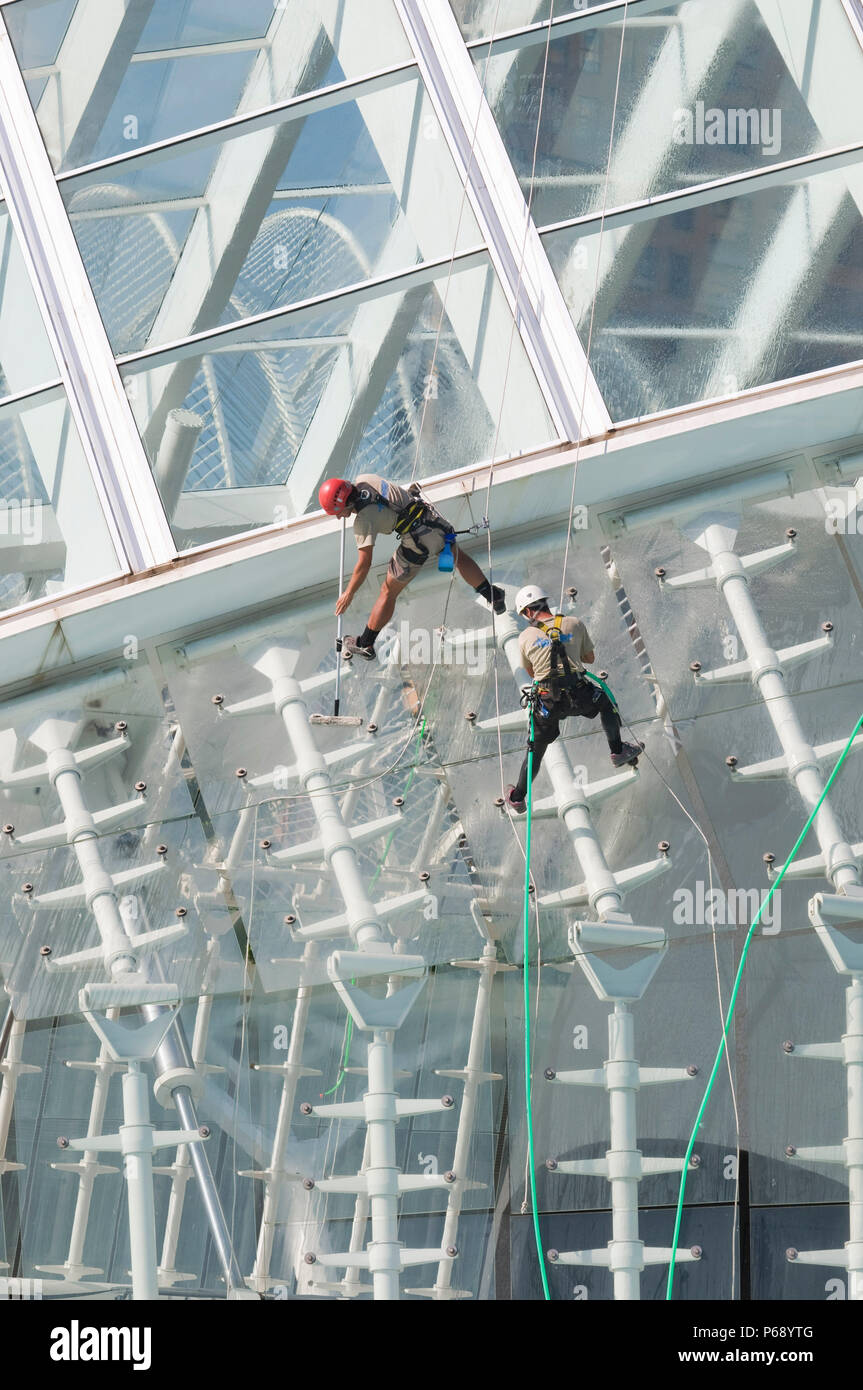 14 October 2009 - Valencia, Spain - Maintenance workers equipped with climbing gear are cleaning the glass facade of the Hemisferic. The Building is p Stock Photo