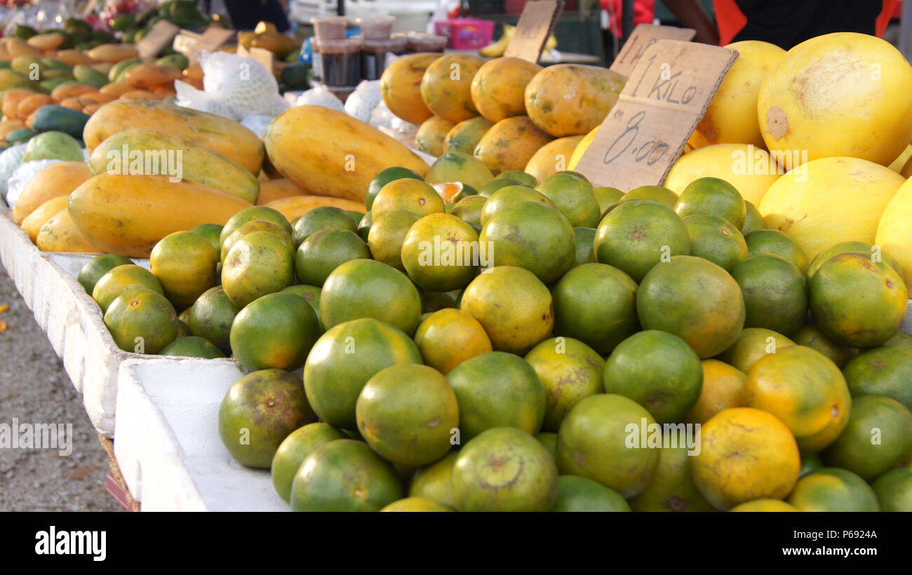 PULAU LANGKAWI, MALAYSIA - APR 4th 2015: Traditional asian fruits on the street food and night market on Langkawi island. Stock Photo