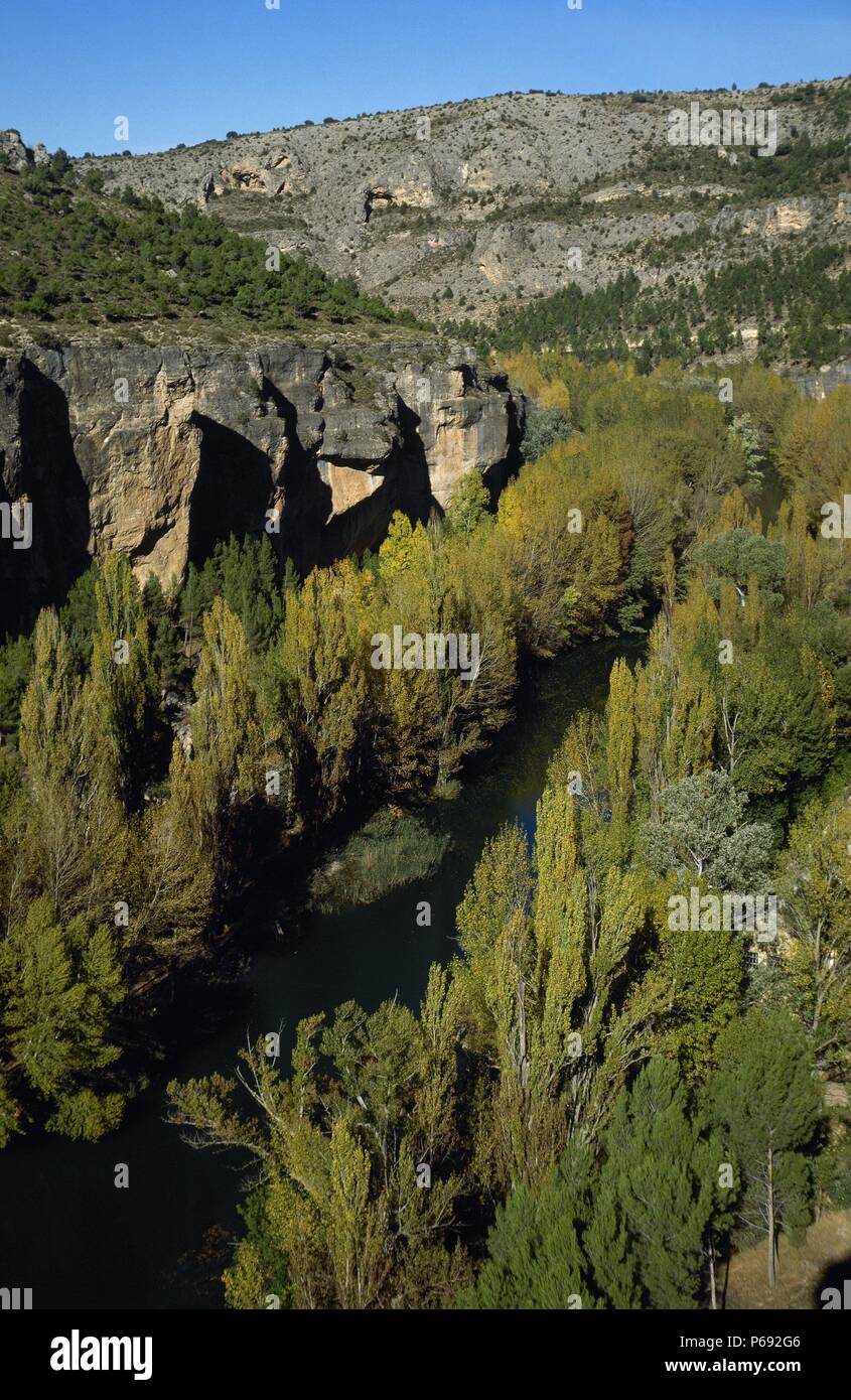 CASTILLA-LA MANCHA. HOZ DEL JUCAR. El río transcurre encajonado entre rocas ocres. Los álamos se reflejan en las aguas del río. Provincia de Cuenca. España. Stock Photo