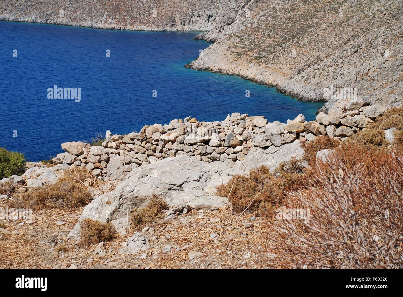 The remains of the abandoned village of Gera on the Greek island of Tilos. Stock Photo