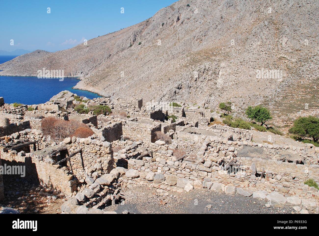 The remains of the abandoned village of Gera on the Greek island of Tilos. Stock Photo