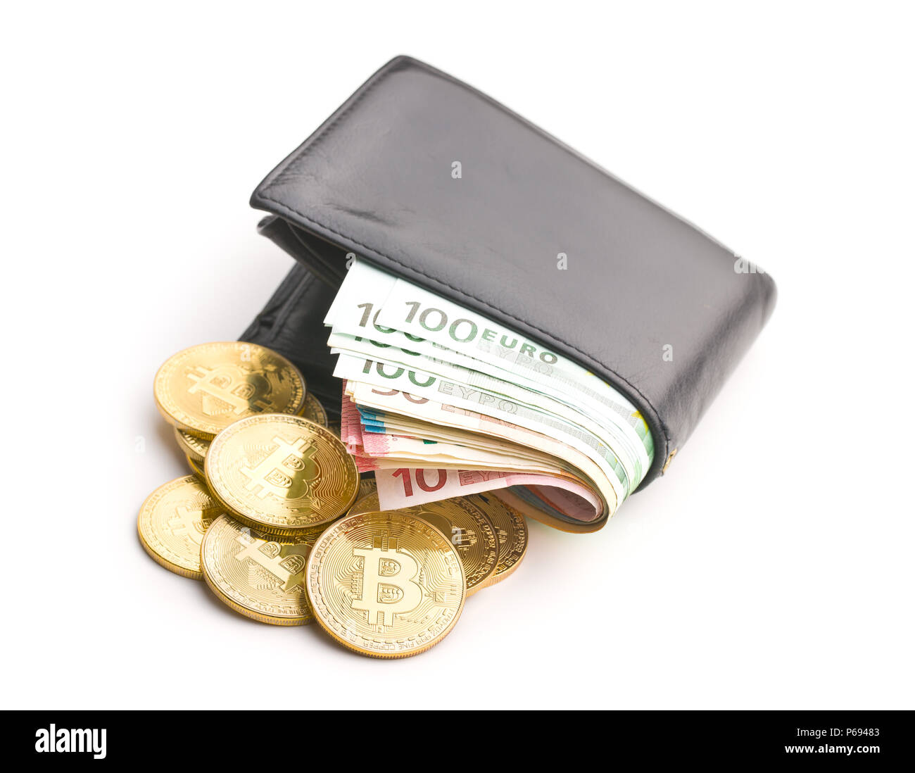 The golden bitcoin and euro money in wallet isolated on white background  Stock Photo - Alamy
