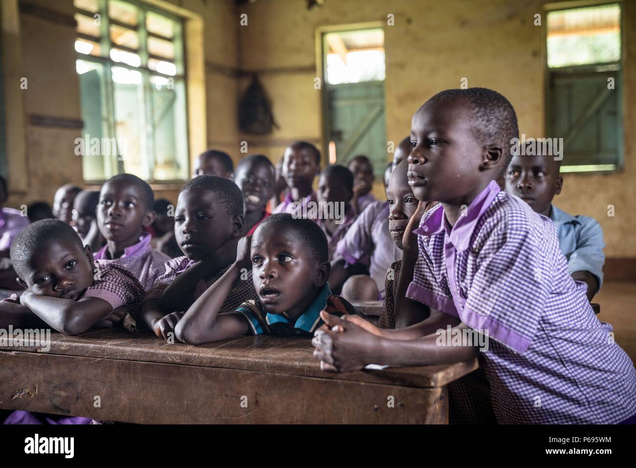 Pupils are seen sitting on benches inside a class. Primary school students on their last day of term in a local school near the town of Hoima in western Uganda. Stock Photo