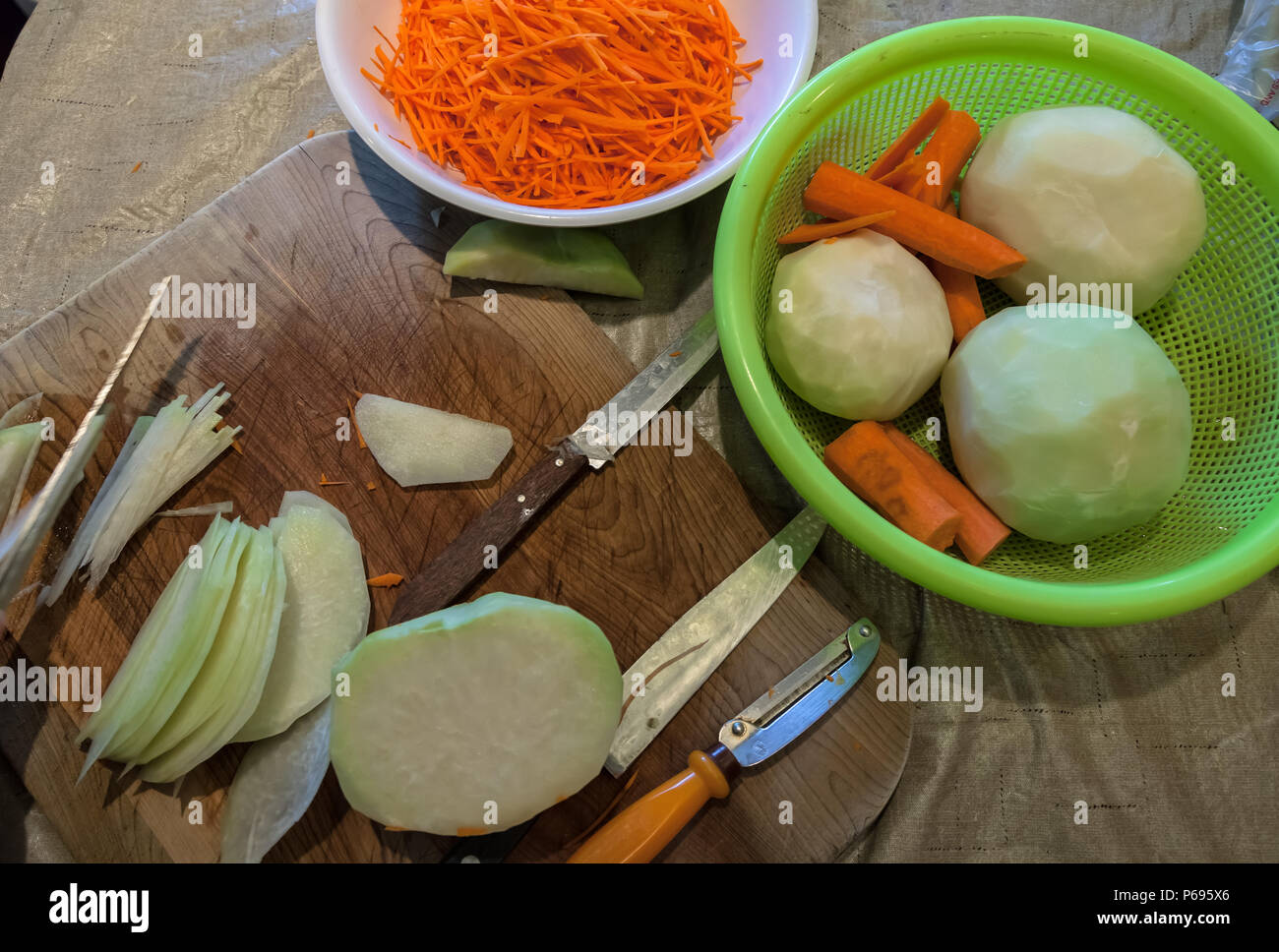 Wild cabbage, kohlrabi, and carrots in Julienne cuts for Asian salad Stock Photo