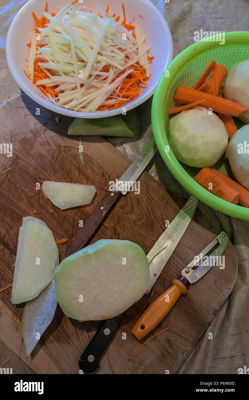 Wild cabbage, kohlrabi, and carrots in Julienne cuts for Asian salad Stock Photo