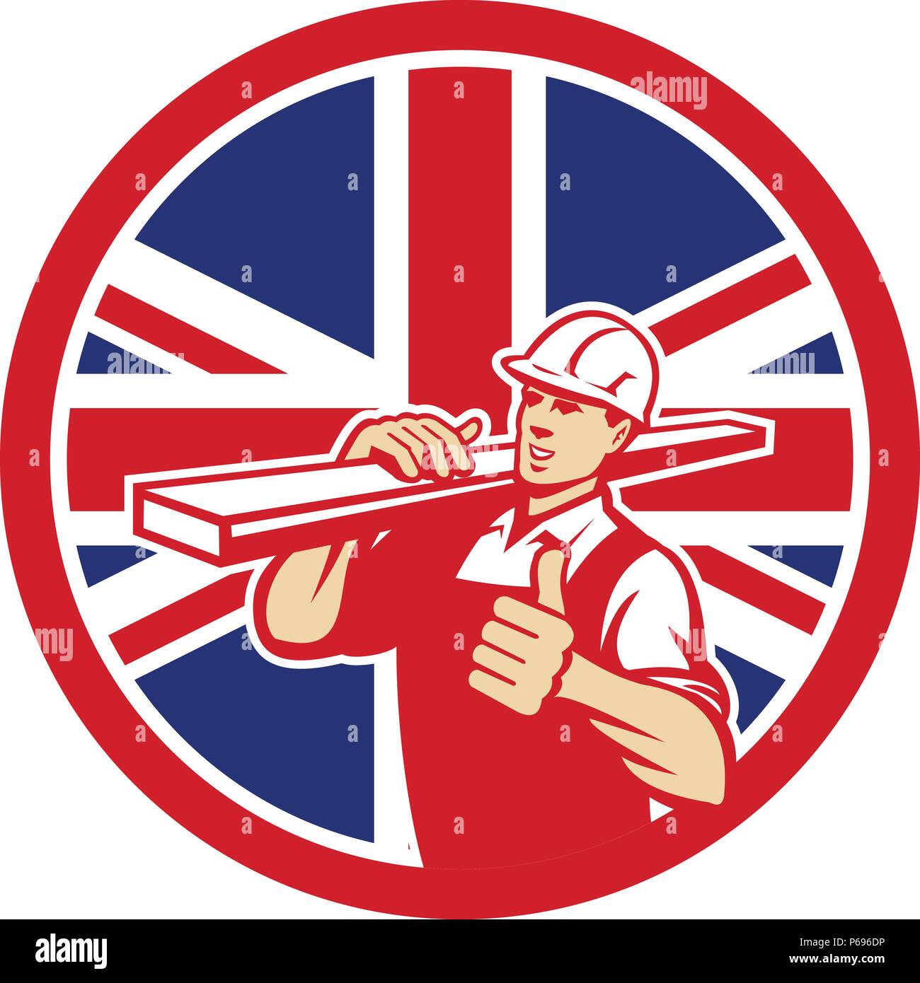 Icon retro style illustration of a British lumber yard or lumberyard worker thumbs up with United Kingdom UK, Great Britain Union Jack flag set inside Stock Vector
