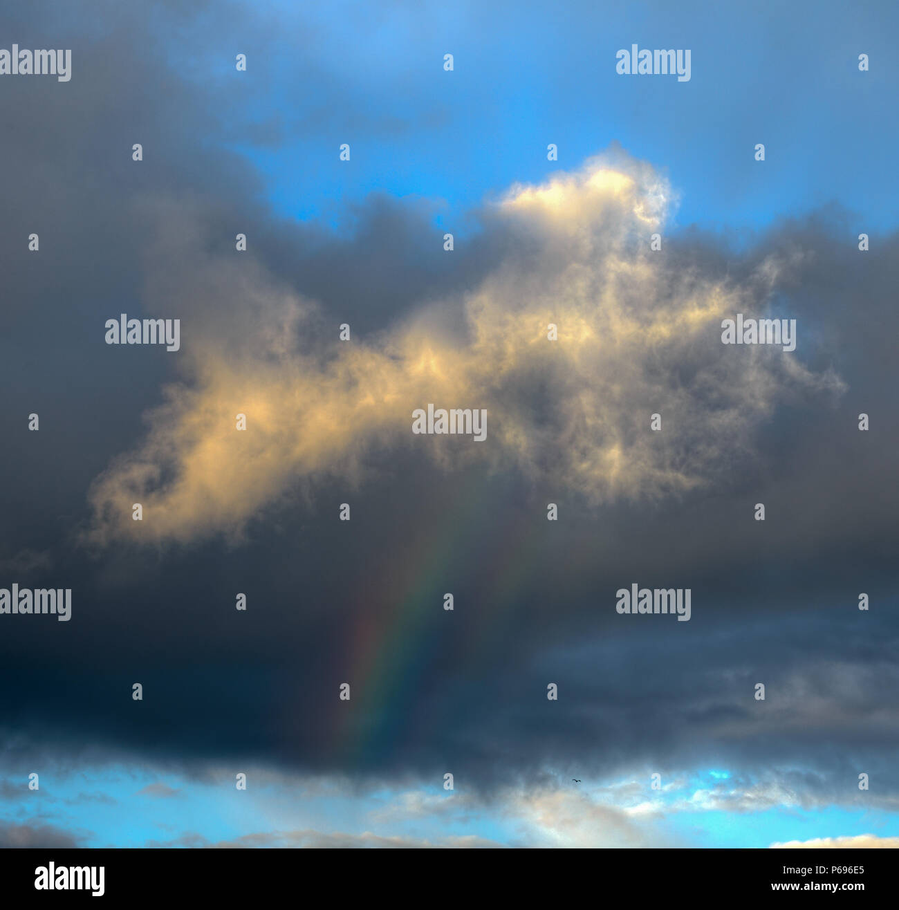 Small and colorful rainbow under a solitary cloud, with a background of gray clouds and blue sky Stock Photo