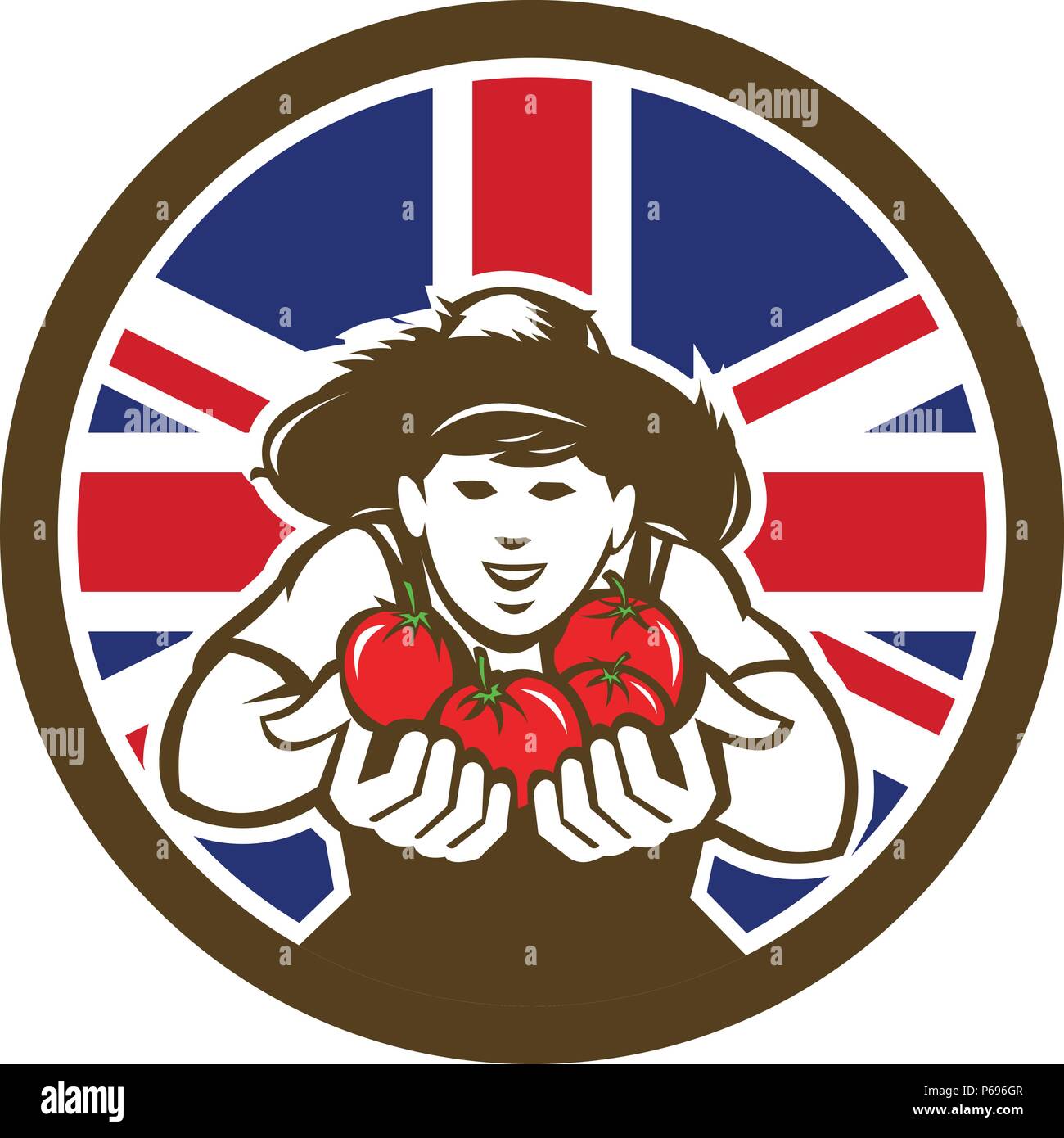 Icon retro style illustration of a British organic grown produce tomato farmer with United Kingdom UK, Great Britain Union Jack flag set inside circle Stock Vector