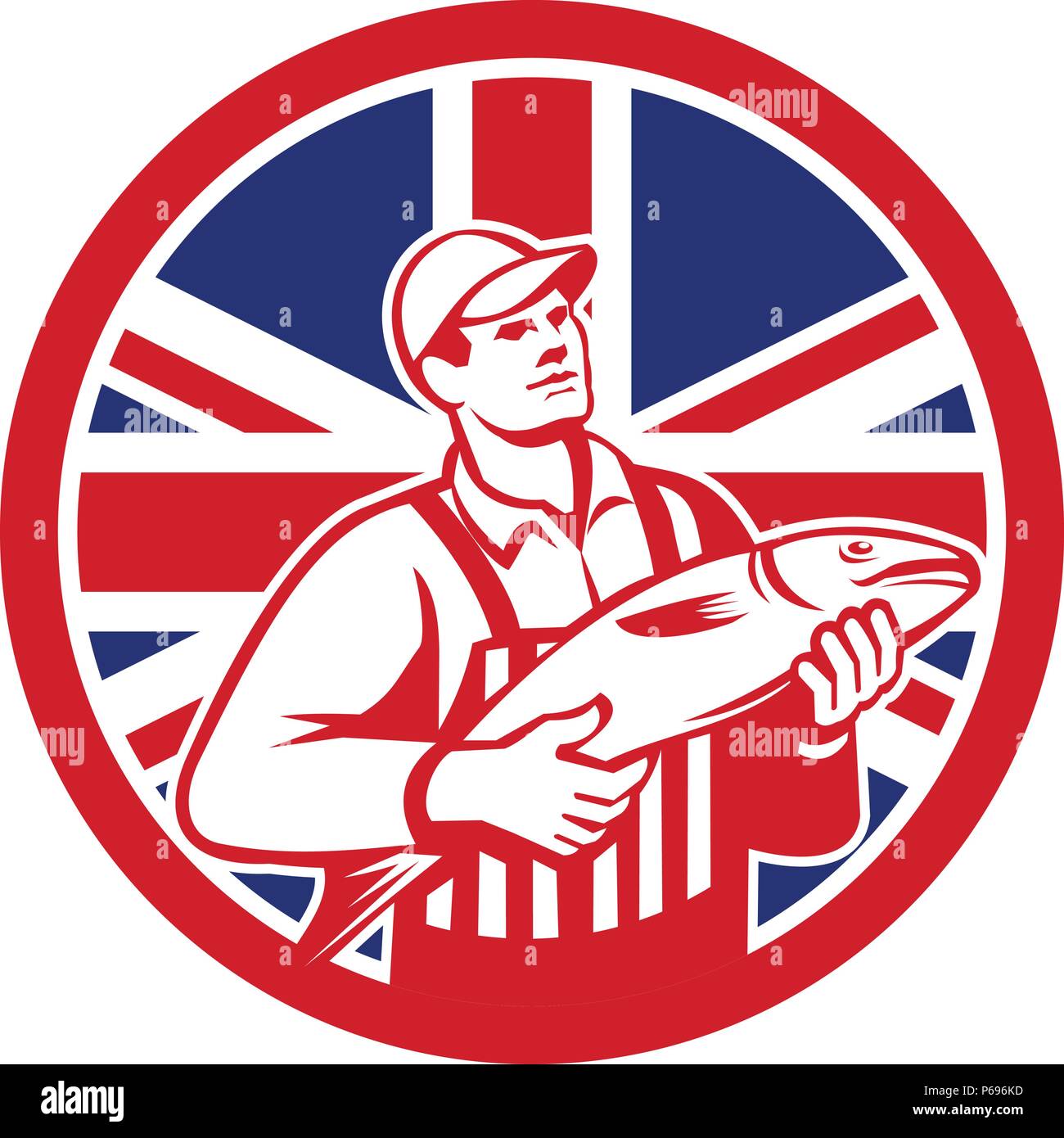 Icon retro style illustration of a British fishmonger selling fish with United Kingdom UK, Great Britain Union Jack flag set inside circle on isolated Stock Vector