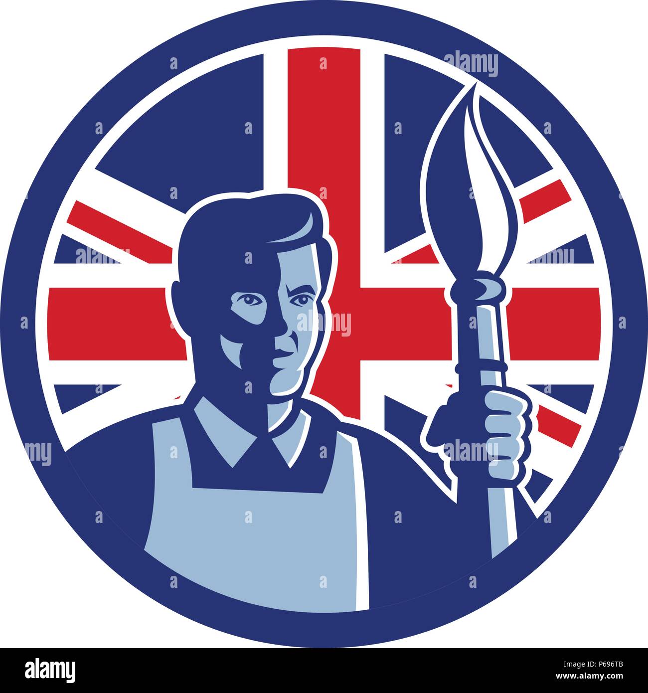 Icon retro style illustration of a British fine artist or painter holding paint brush with United Kingdom UK, Great Britain Union Jack flag set inside Stock Vector