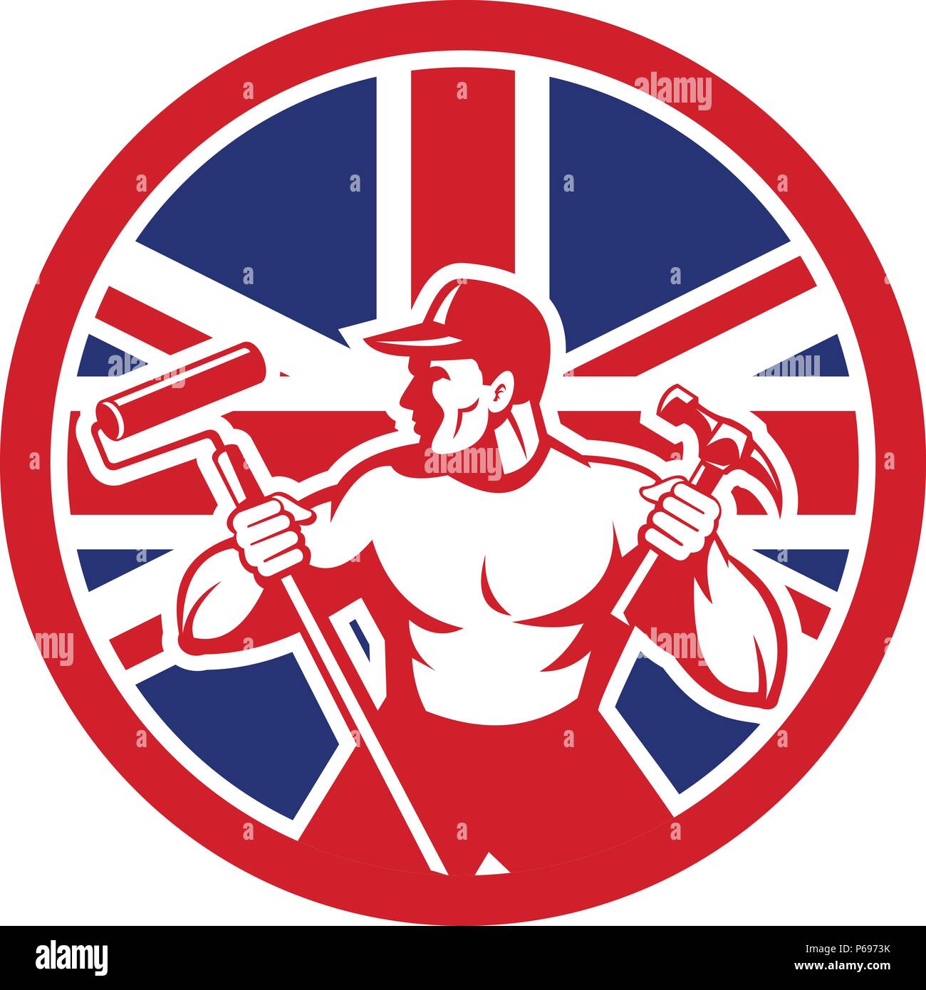 Icon retro style illustration of a British professional handyman or household maintenance guy with United Kingdom UK, Great Britain Union Jack flag se Stock Vector