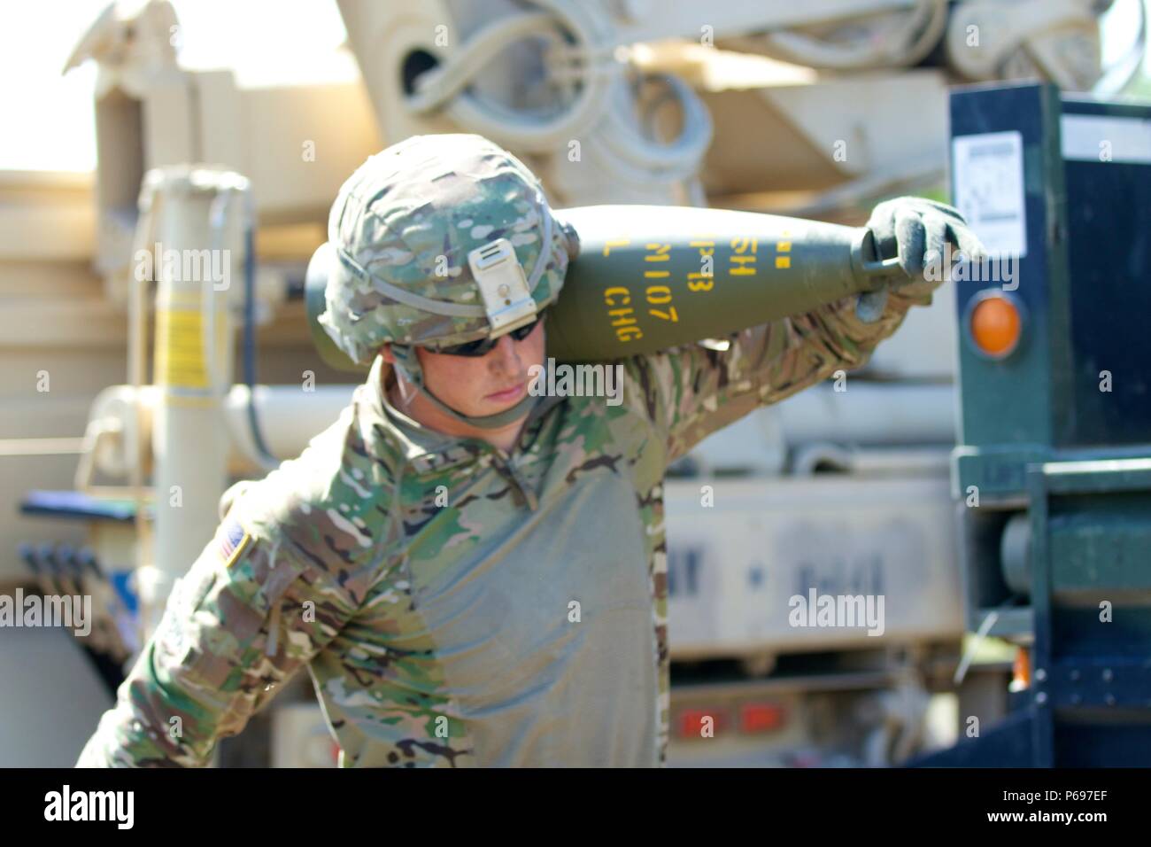 Pvt. Hunter Montoya, a cannon crewmember with B Battery, Field Artillery Squadron, 2nd Cavalry