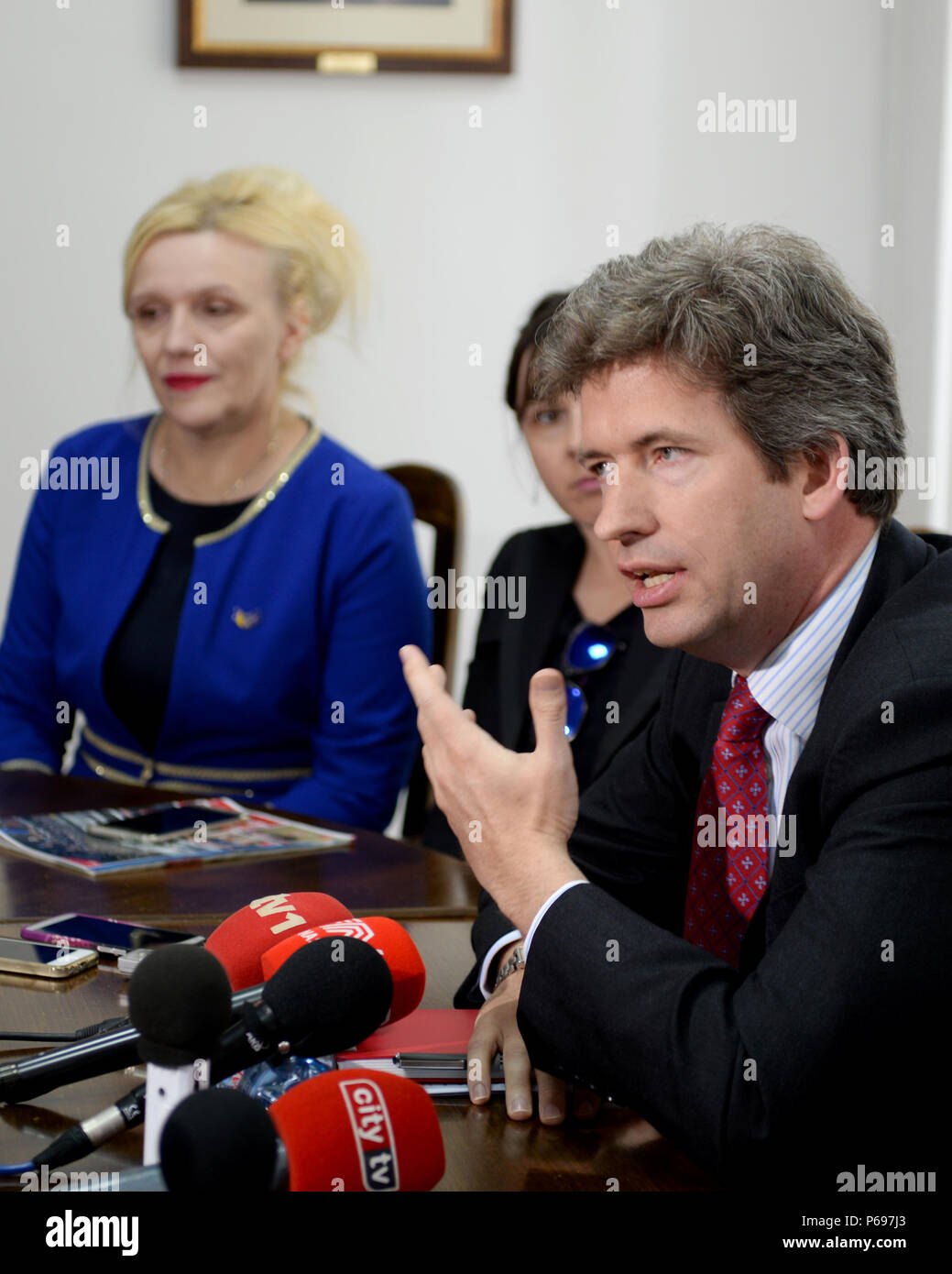 Edward Ferguson, the British Ambassador to BiH, addresses reporters during a press conference at the Džemal Bijedić University in Mostar, Bosnia and Herzegovina, May 23, 2016. The ambassador and Brig. Gen. Giselle Wilz, NATO Headquarters Sarajevo commander, gave a lecture to more than 100 students at the university on the political aspects of the Euro-Atlantic integration and the importance of NATO as well as successes of BiH armed forces in regards to defense reform. After their presentations, the key NATO leaders in BiH engaged in a lively dialogue with students and professors, giving valuab Stock Photo