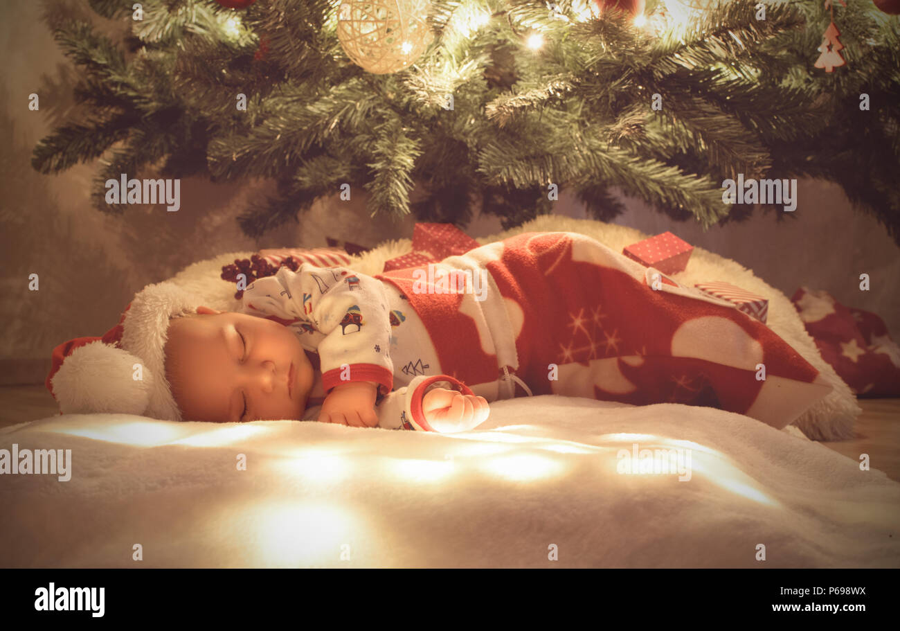 Newborn baby boy sleep under christmas tree wrapped at sleeping christmas bag Stock Photo