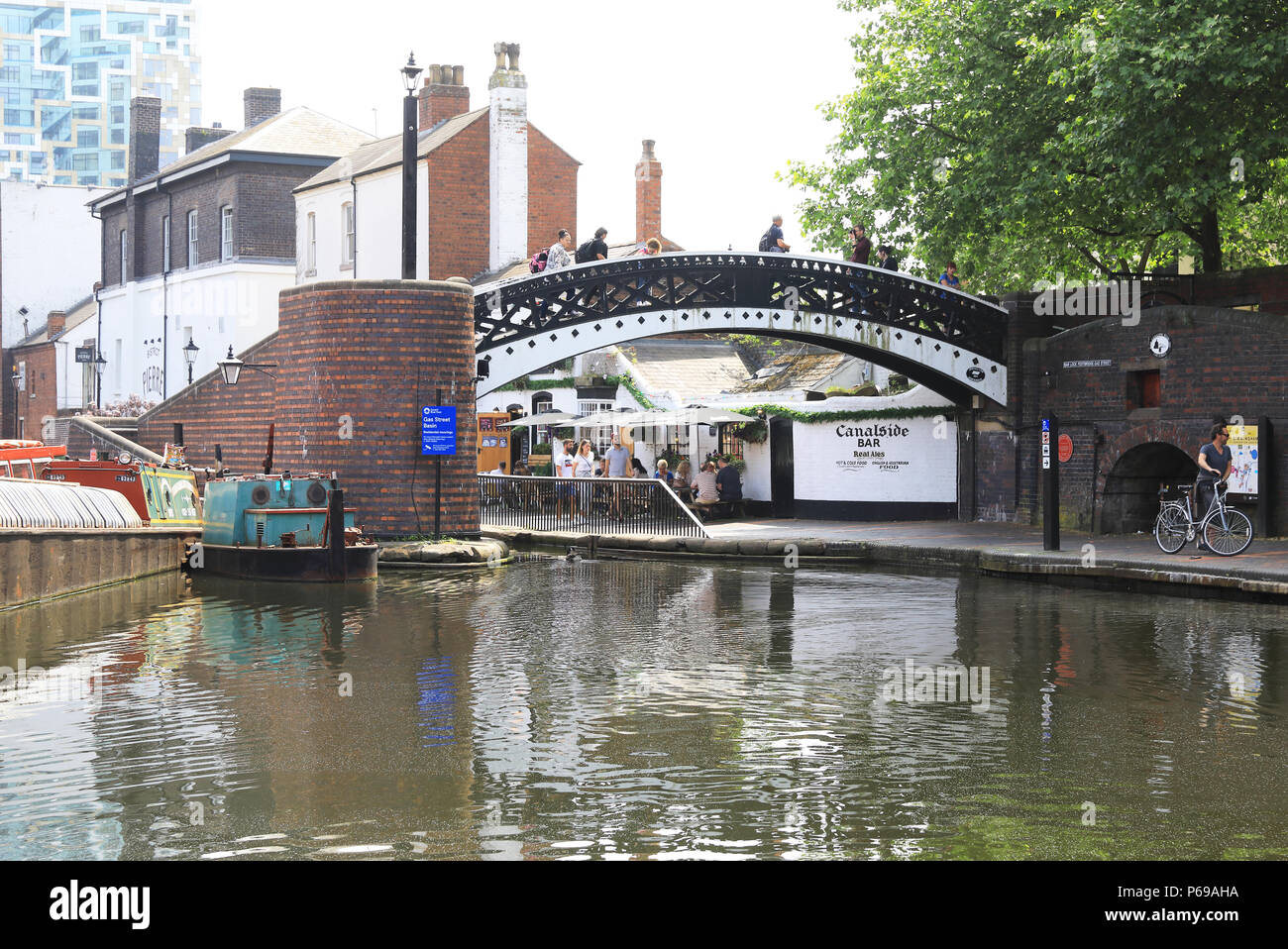 Attractive Gas Street Basin in Birmingham in the Midlands in the UK. The heart of the canal network, the towpaths are lined with bars and pubs, UK Stock Photo