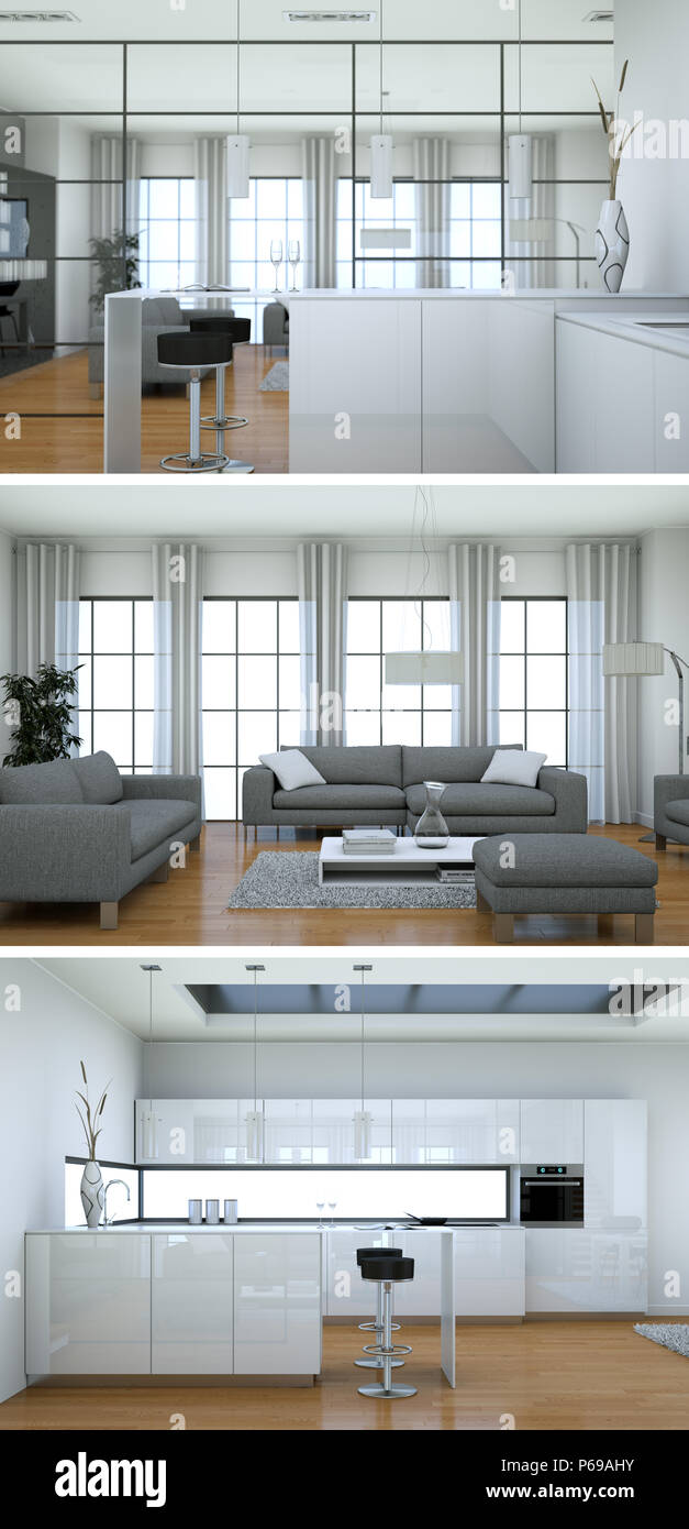Three views of modern interior loft design with sofas Stock Photo - Alamy