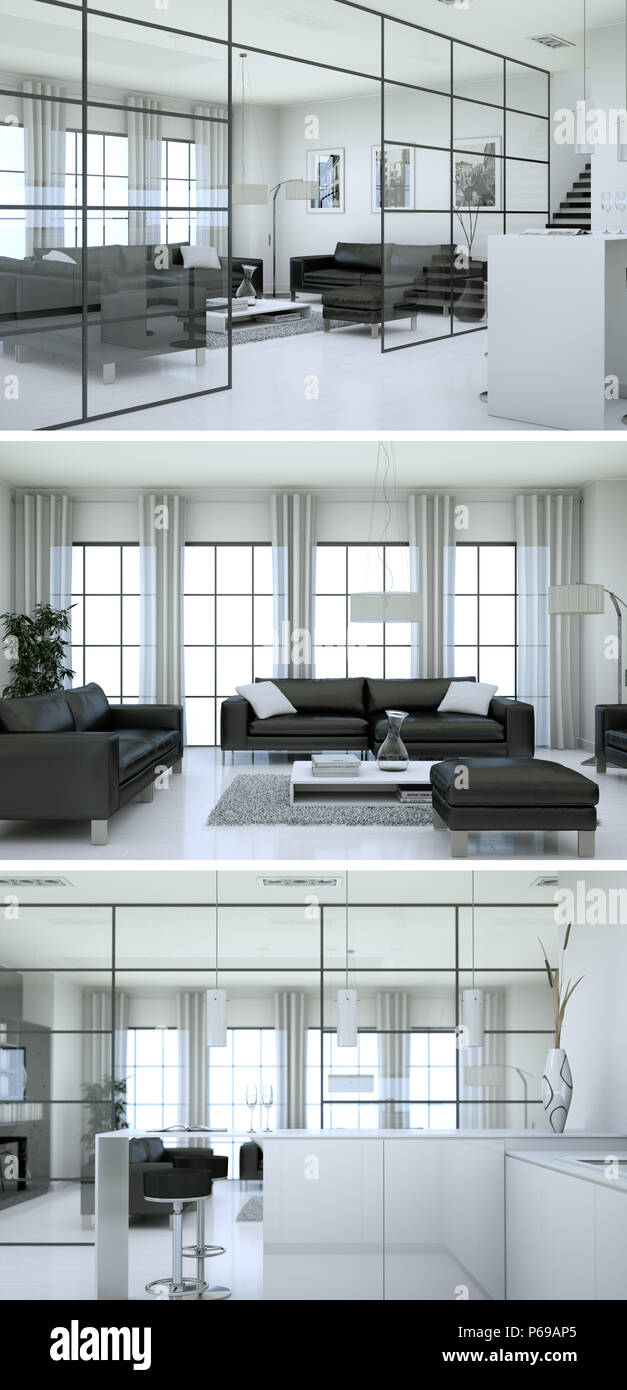 Three views of modern interior loft design with sofas Stock Photo - Alamy