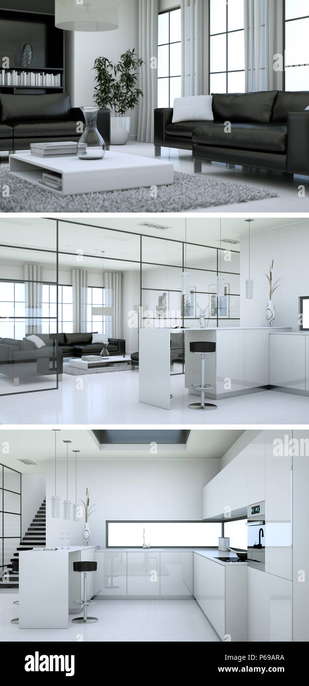 Three views of modern interior loft design with sofas Stock Photo - Alamy