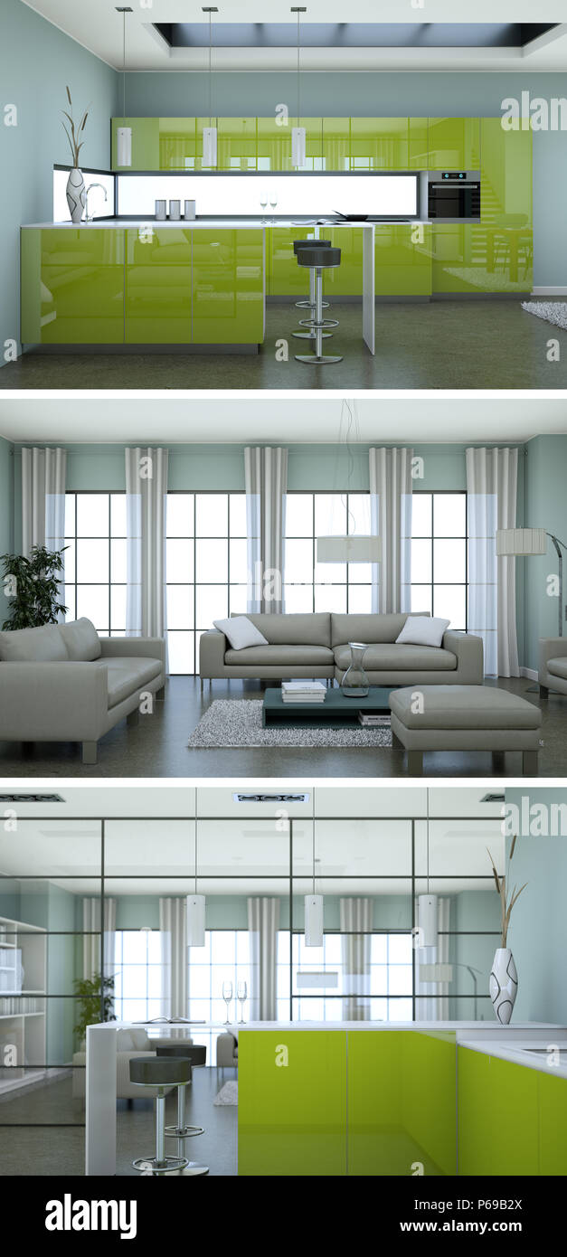 Three views of modern interior loft design with sofas Stock Photo - Alamy