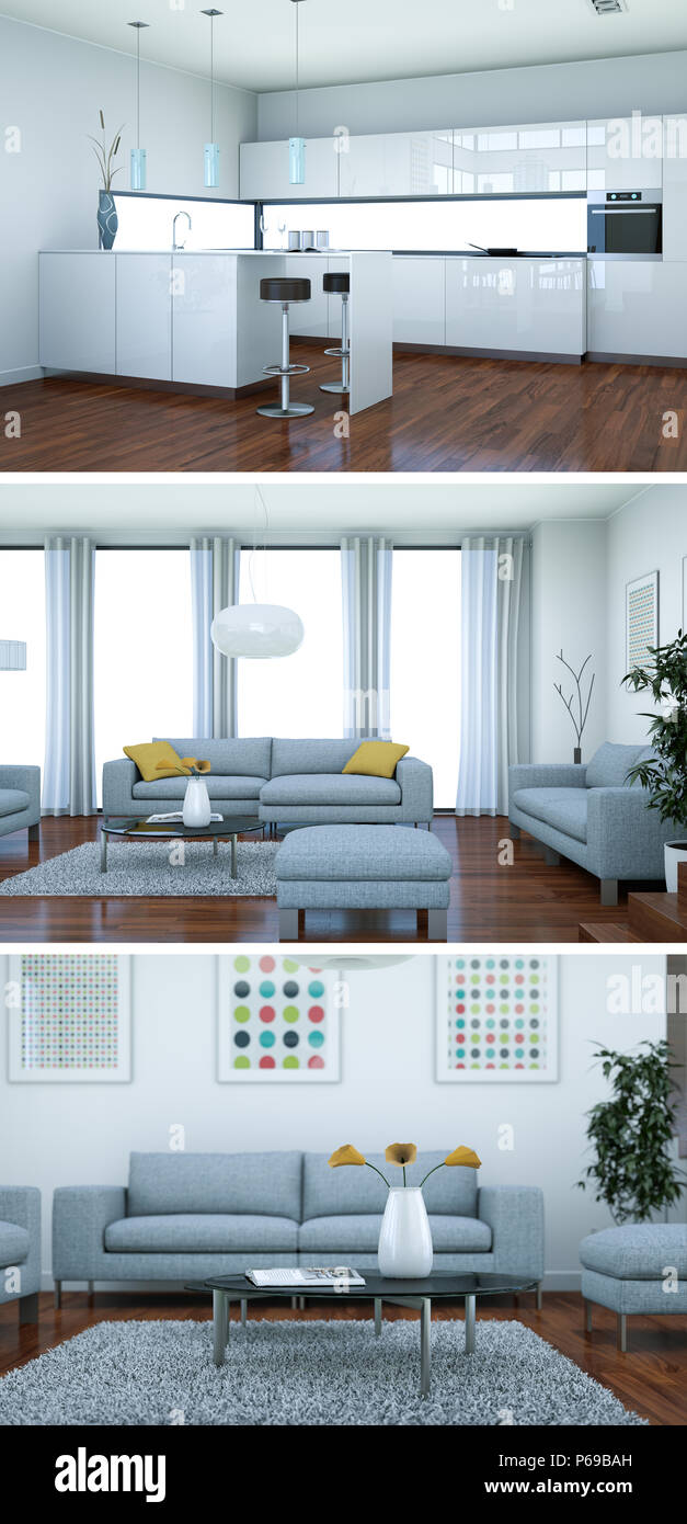 Three views of modern interior loft design with sofas Stock Photo - Alamy