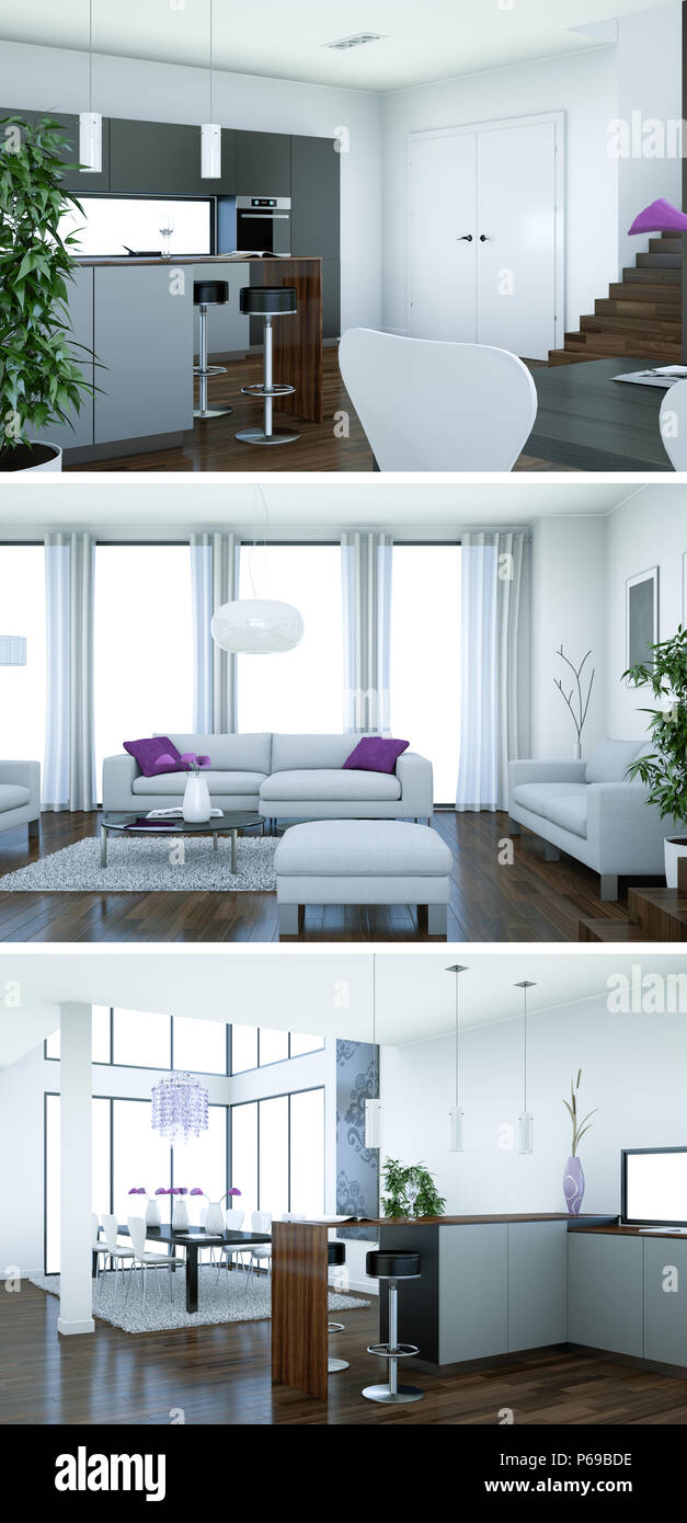 Three views of modern interior loft design with sofas Stock Photo - Alamy
