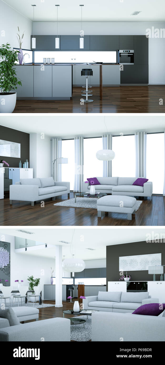Three views of modern interior loft design with sofas Stock Photo - Alamy