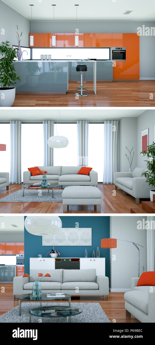 Three views of modern interior loft design with sofas Stock Photo - Alamy