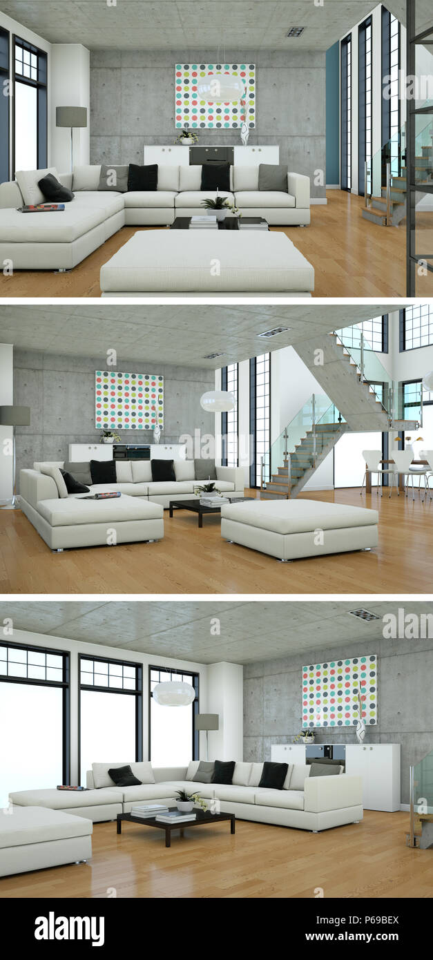 Three views of modern interior loft design with sofas Stock Photo - Alamy