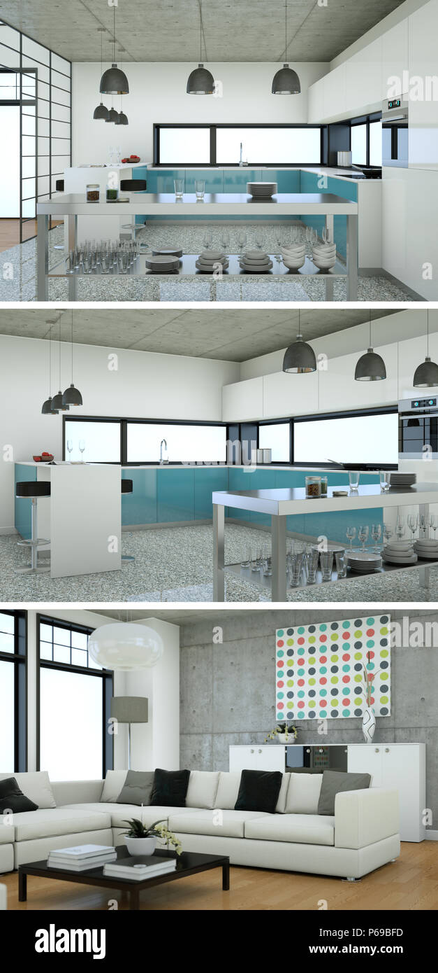 Three views of modern interior loft design with sofas Stock Photo - Alamy