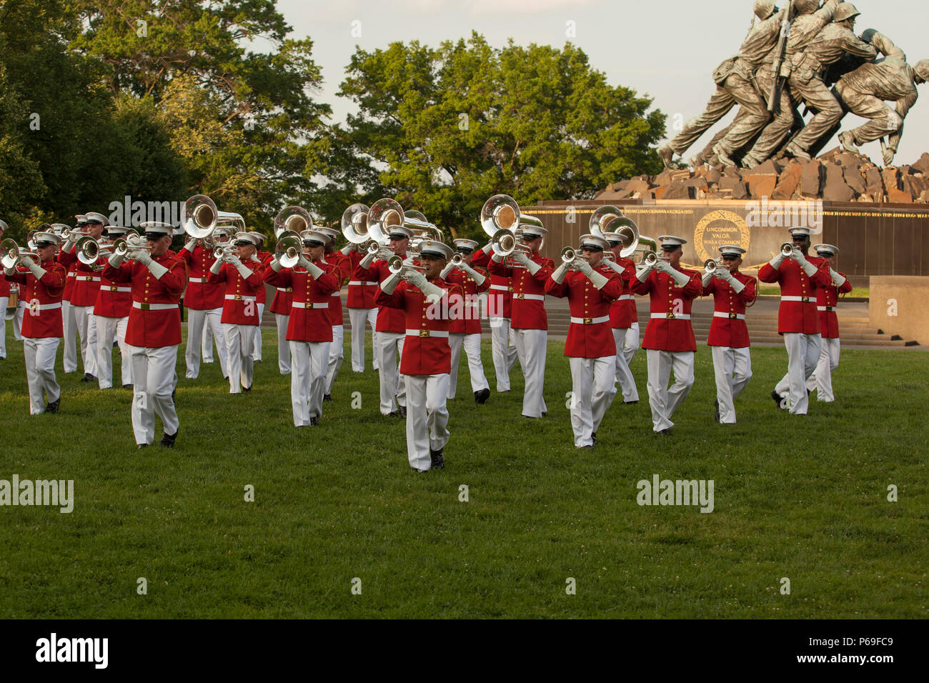 U.S. Marines with the Marine Corps Drum and Bugle Corps perform during