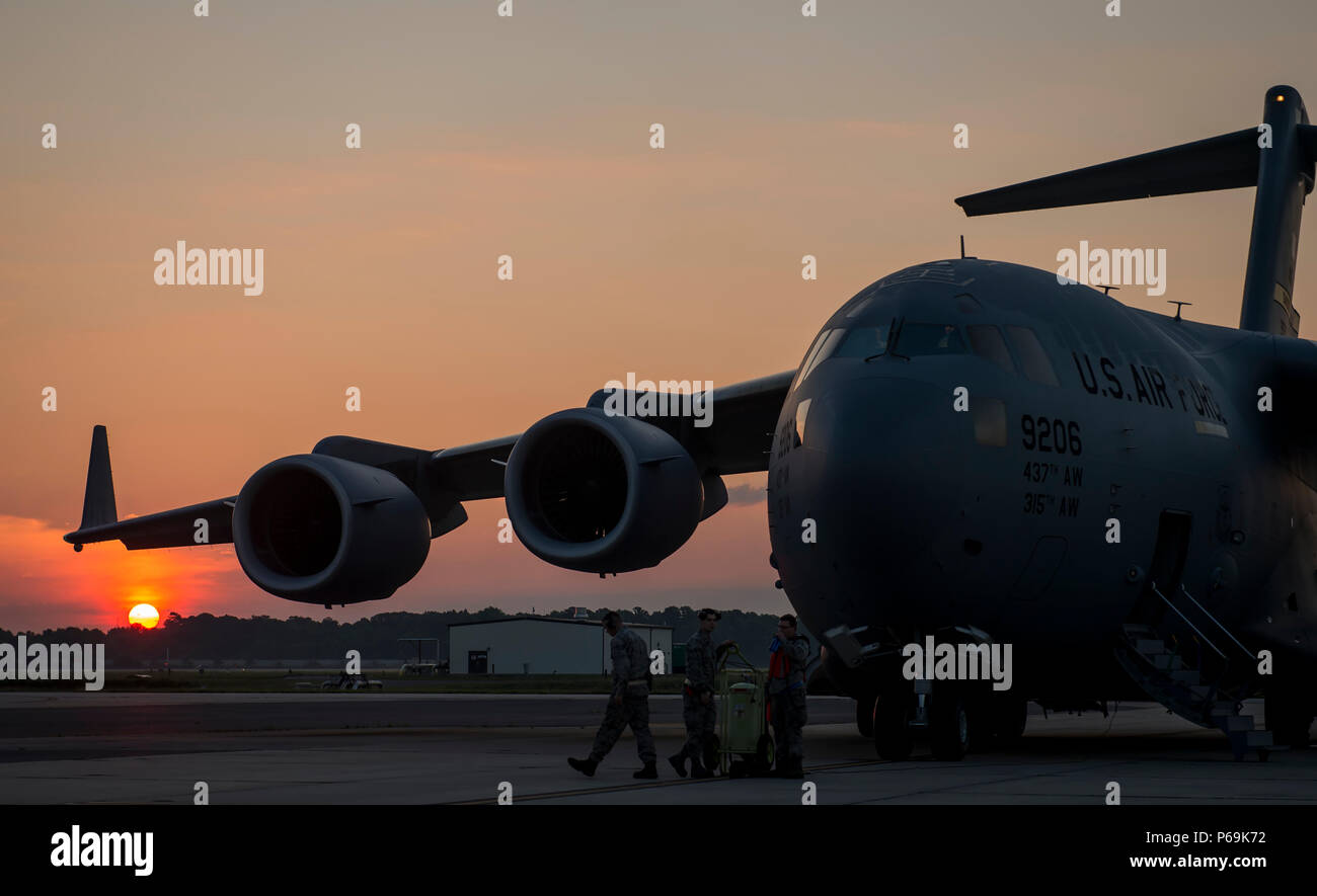 A U.S. Air Force C-17 Globemaster III rests on the flight line during ...