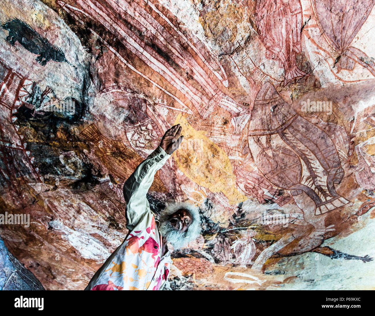 Thommo explaining the Aborigine art of his anchesters at Long Tom Dreaming on Injalak rock, Gunbalanya/Oenpelli, Northern Territory, Australia Stock Photo