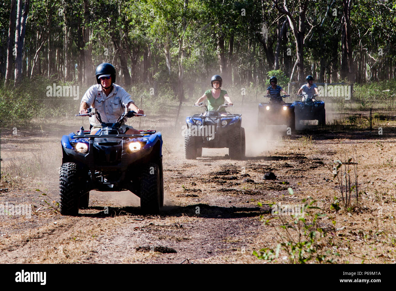 On quads through the Australian Outbakck, Bamurru Plains, Northern Territory, Australia. The buffalo farm, where Bamurru Plains Lodge is located, extends over 300 square kilometers and is easy to experience on quads. Stock Photo