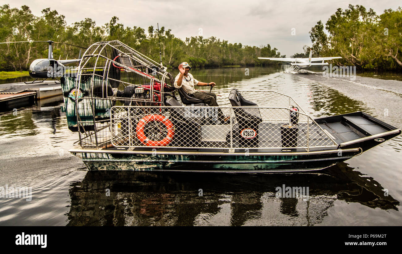 Outback Float Plane Adventures at the Top End of Australia. Typical means of transport in the North Australian outback: airboat with crocodile protection, seaplane, helicopter Stock Photo