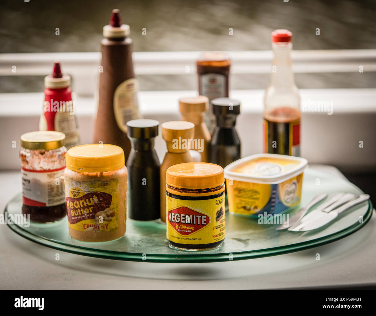 The Australian Vegemite Buffet: Vegemite is high in vitamin B and Aussies swear that mosquitoes only seldom bother them because they eat it all the time Stock Photo