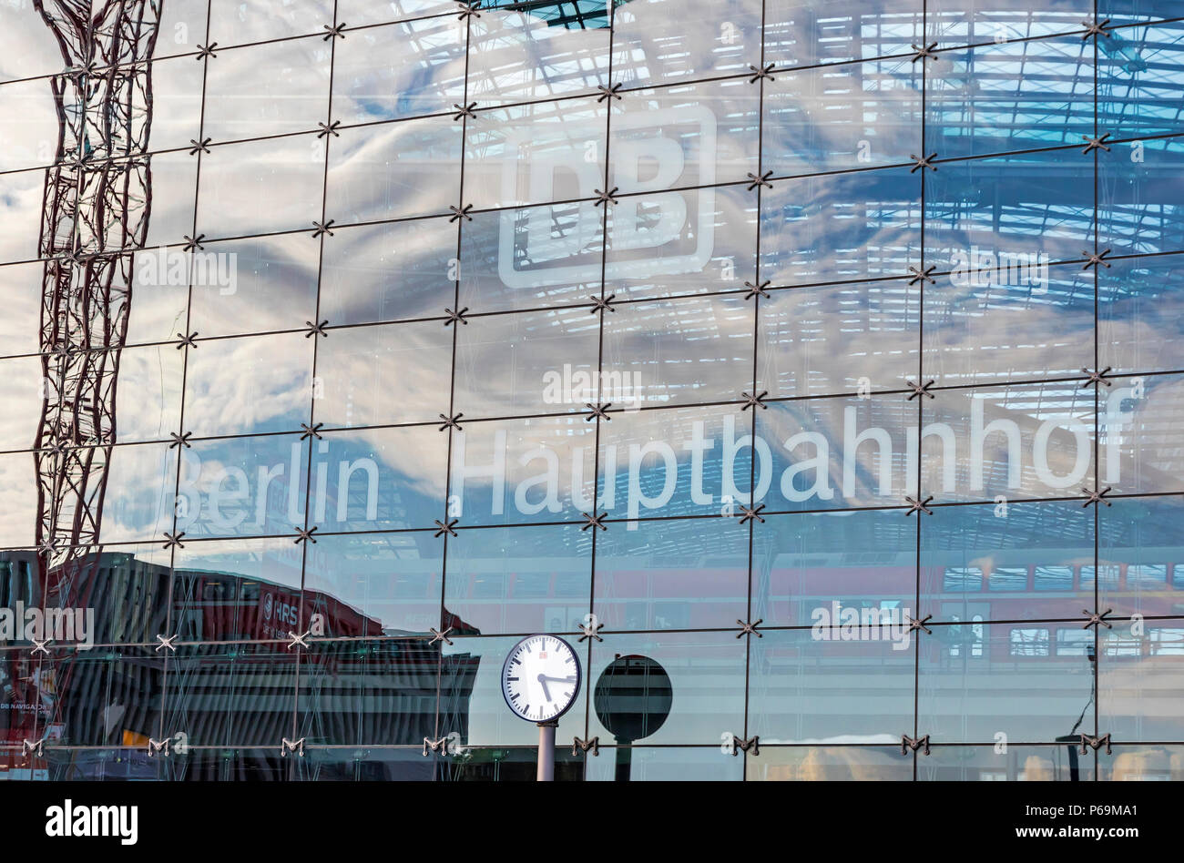 BERLIN, GERMANY - SEPTEMBER 20, 2017: Close-up facade view of Berlin Central Railway Station (Berlin Hauptbahnhof, Berlin Hbf), Germany. Station opene Stock Photo