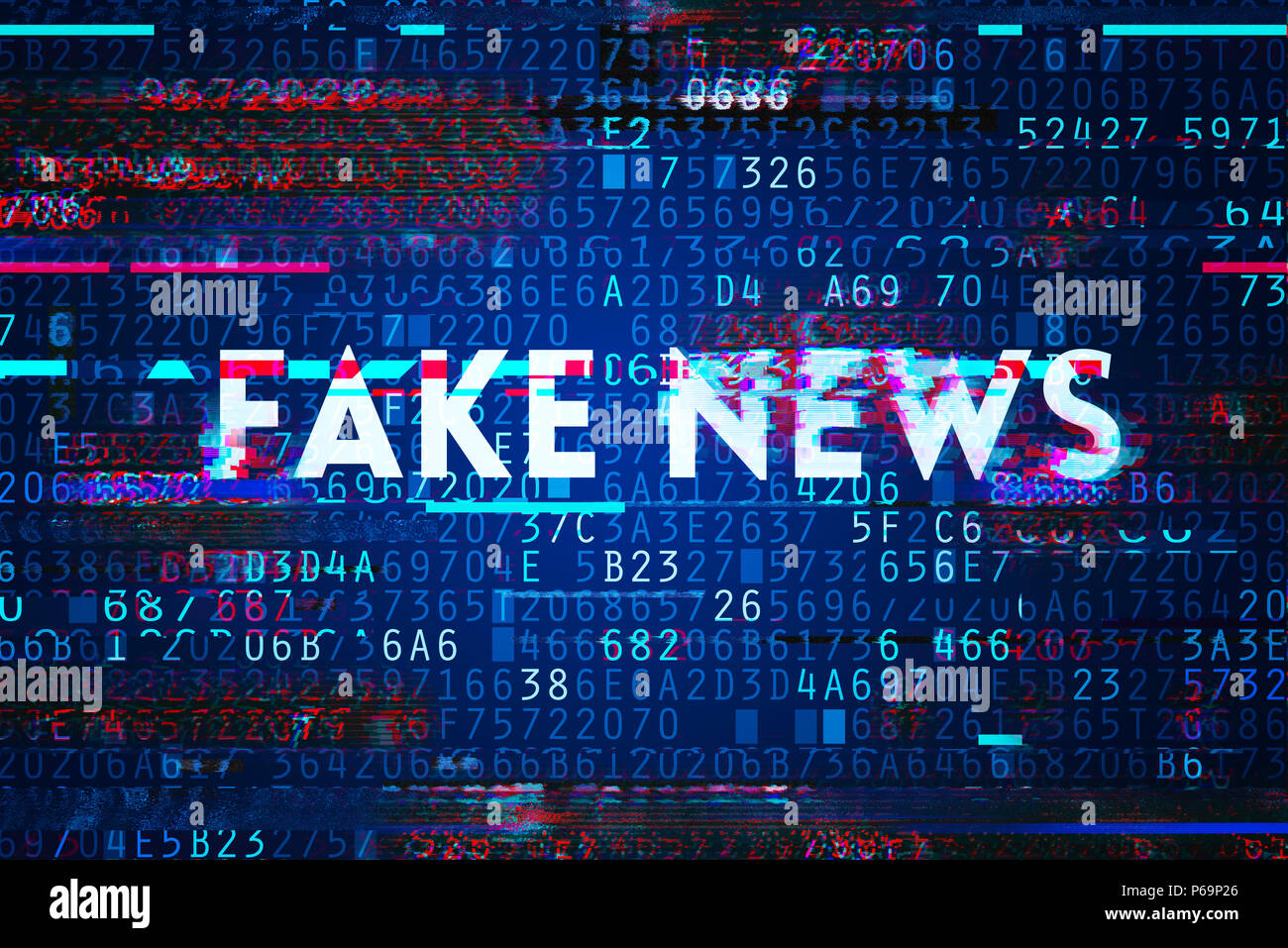 Fake news on internet in modern digital age, conceptual illustration with text overlaying hexadecimal encrypted computer code Stock Photo
