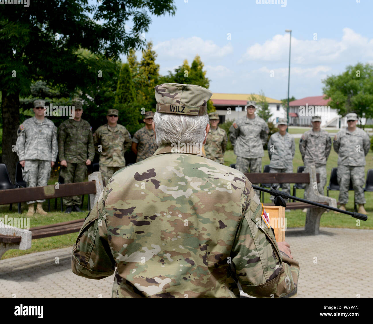 Brig. Gen. Giselle Wilz, NATO Headquarters Sa commander, gives a speech to honor those who paid the ultimate sacrifice for freedom during a Memorial Day Ceremony at Camp Butmir in Sarajevo, Bosnia and Herzegovina, May 30, 2016. Stock Photo