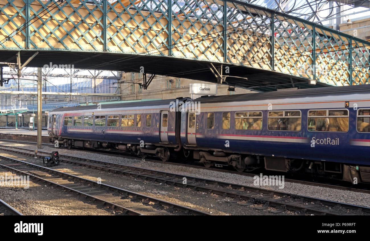 Abellio Scot Rail Glasgow two carriage diesel , DMU train, at Carlisle Railway Station, Cumbria, England, UK Stock Photo