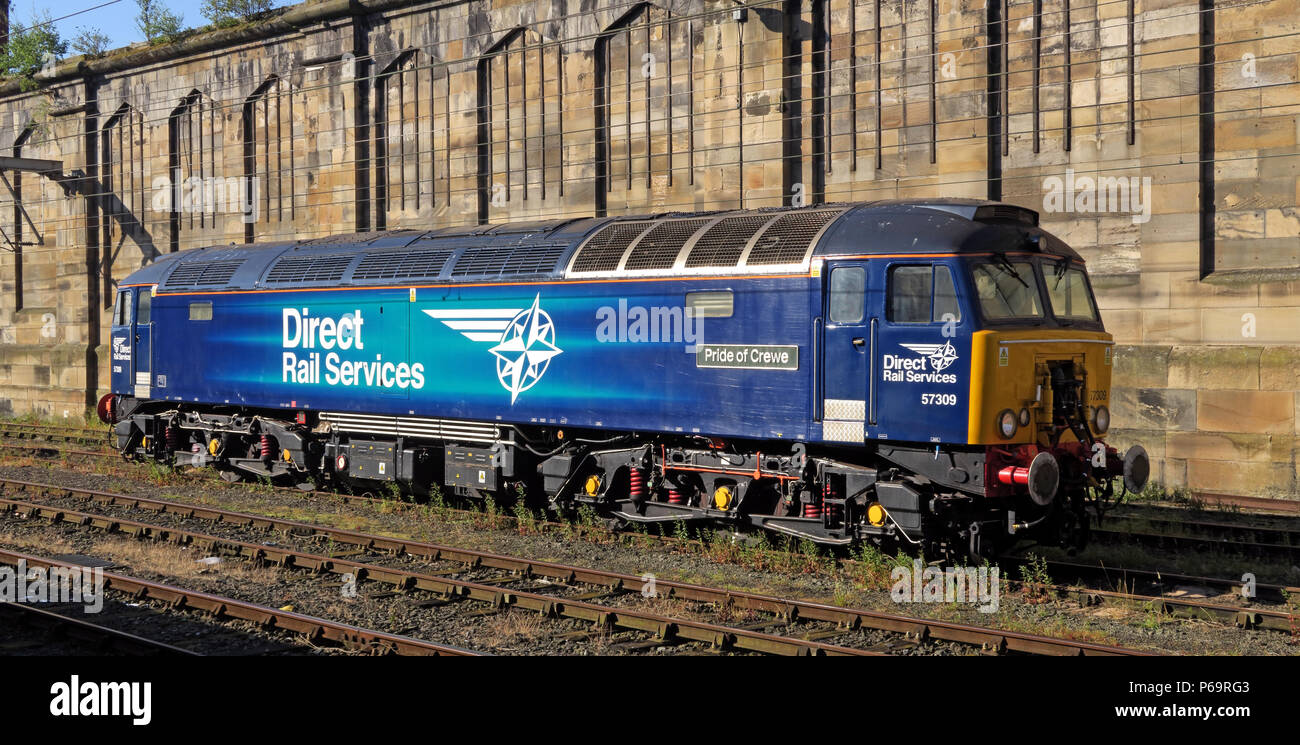Direct Rail Services diesel engine 57309 Pride Of Crewe, at Carlisle Station,  Court Square, Cumbria, Carlisle, North West England, UK,  CA1 1QZ Stock Photo