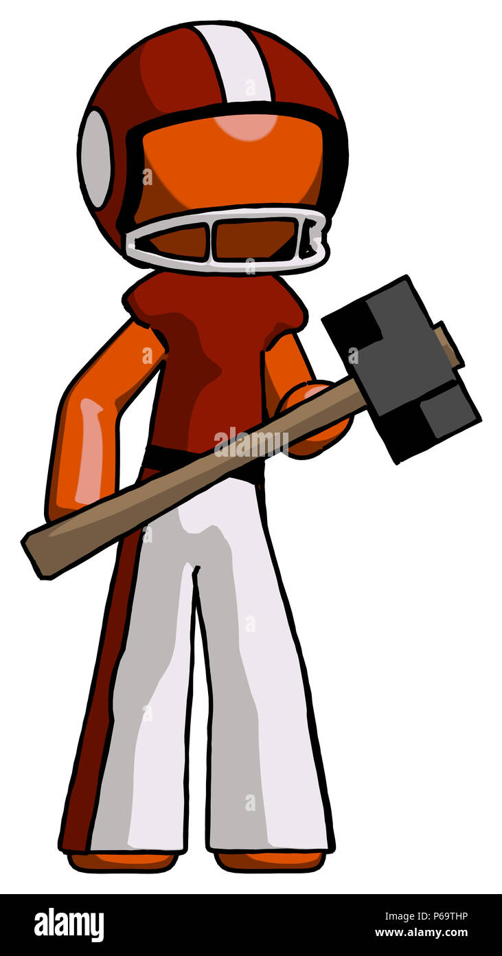 Orange football player man holding giant hammer ready to work Stock