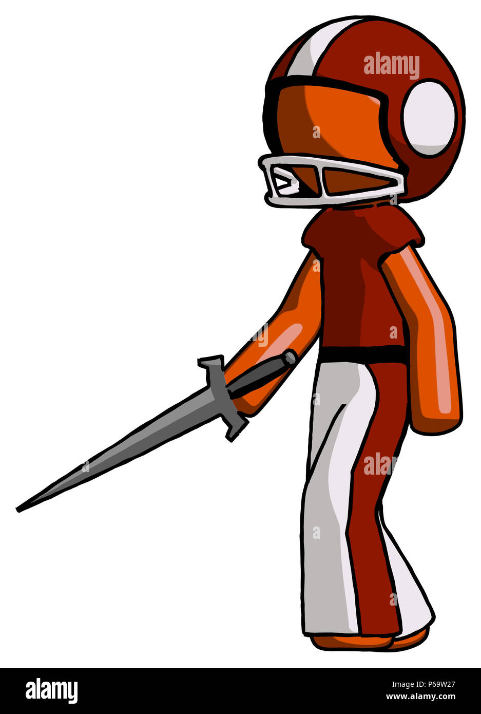 Orange football player man with sword walking confidently. Stock Photo