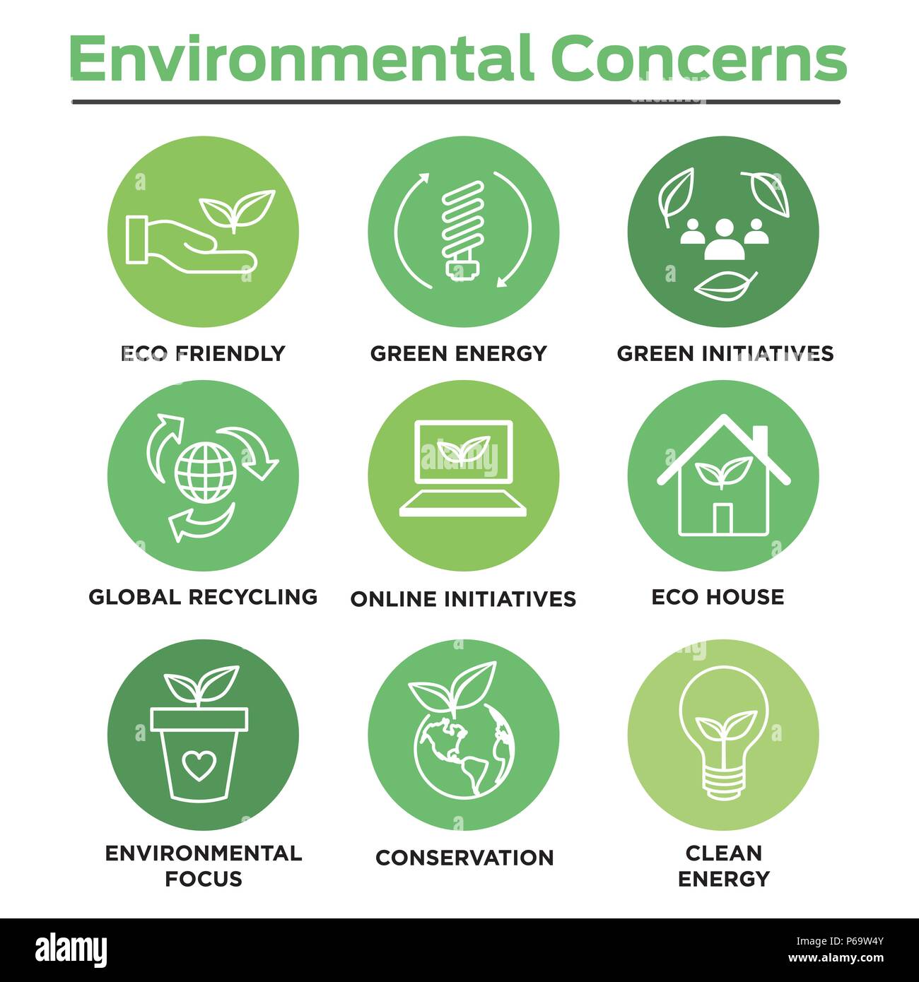 Environmental concerns icon set with lightbulb, hand holding leaf, recycling, etc. Stock Vector