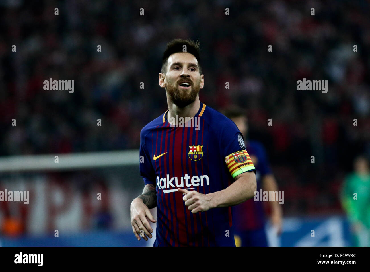 Portrait of Lionel Messi during UEFA Champions League game between Olympiacos FC and Barcelona FC for season 2017-18 in Karaiskaki Stadium Stock Photo