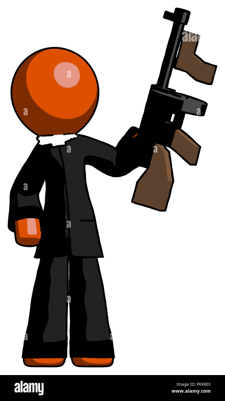 Orange clergy man holding tommygun like a gangster. Stock Photo